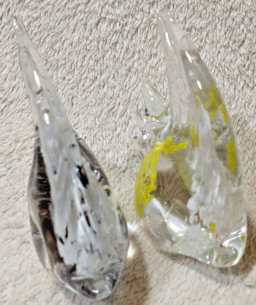 2 Art Glass Angel Fish Statue Clear Yellow White-Clear Black White Paperweight