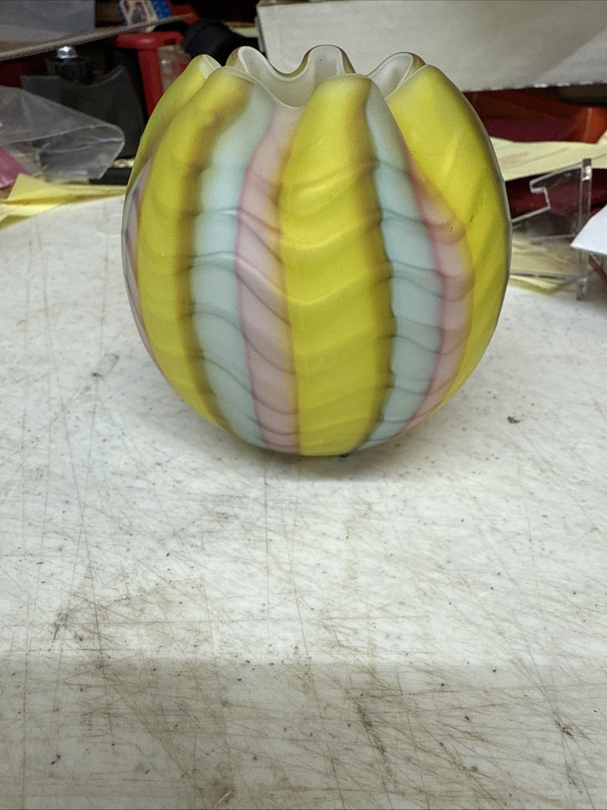 Satin glass Herringbone Rose Bowl 3.25 inches tall; pink, yellow, blue