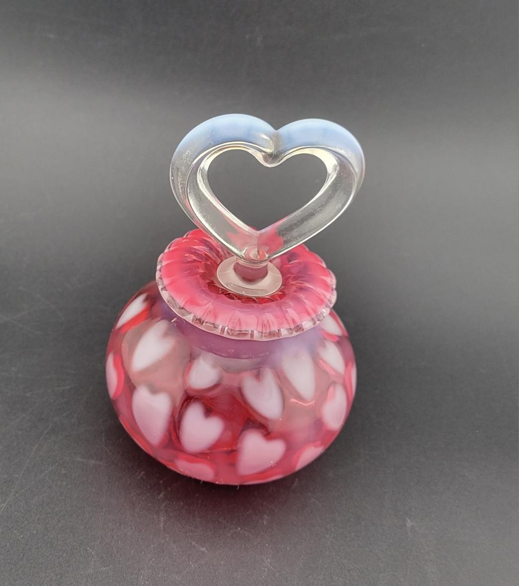 Fenton Cranberry Opalescent Heart Optic Glass Perfume Bottle Vintage Hearts