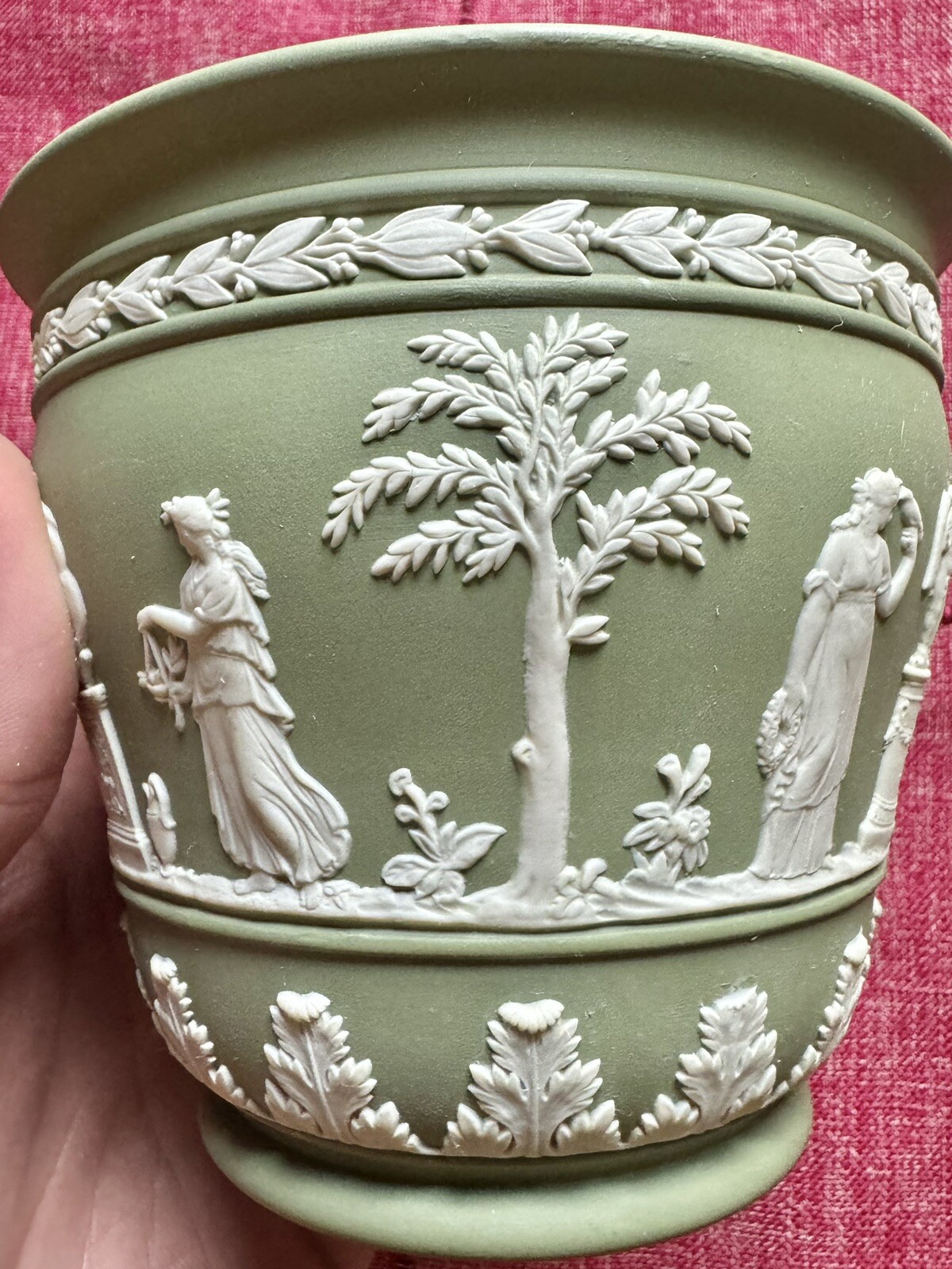 Wedgwood Green Jasperware Plant Pot Planter Classical Scenes – 4 1/2 In
