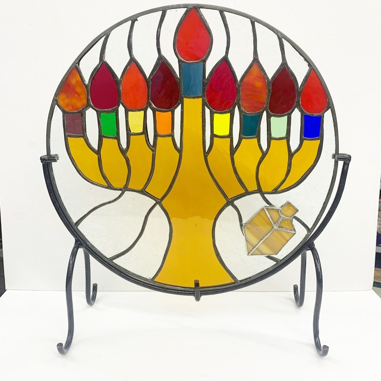 Stained Glass Window Panel Menorah Stand Round Dreidel Judaica Jewish Hanukkah