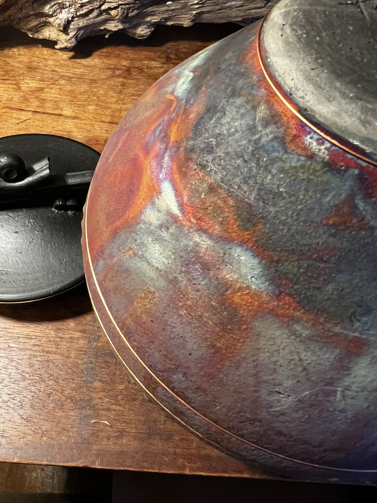 Spaulding Taylor Signed Raku Vase Inlaid Copper Wire High Iridescent Colors MCM