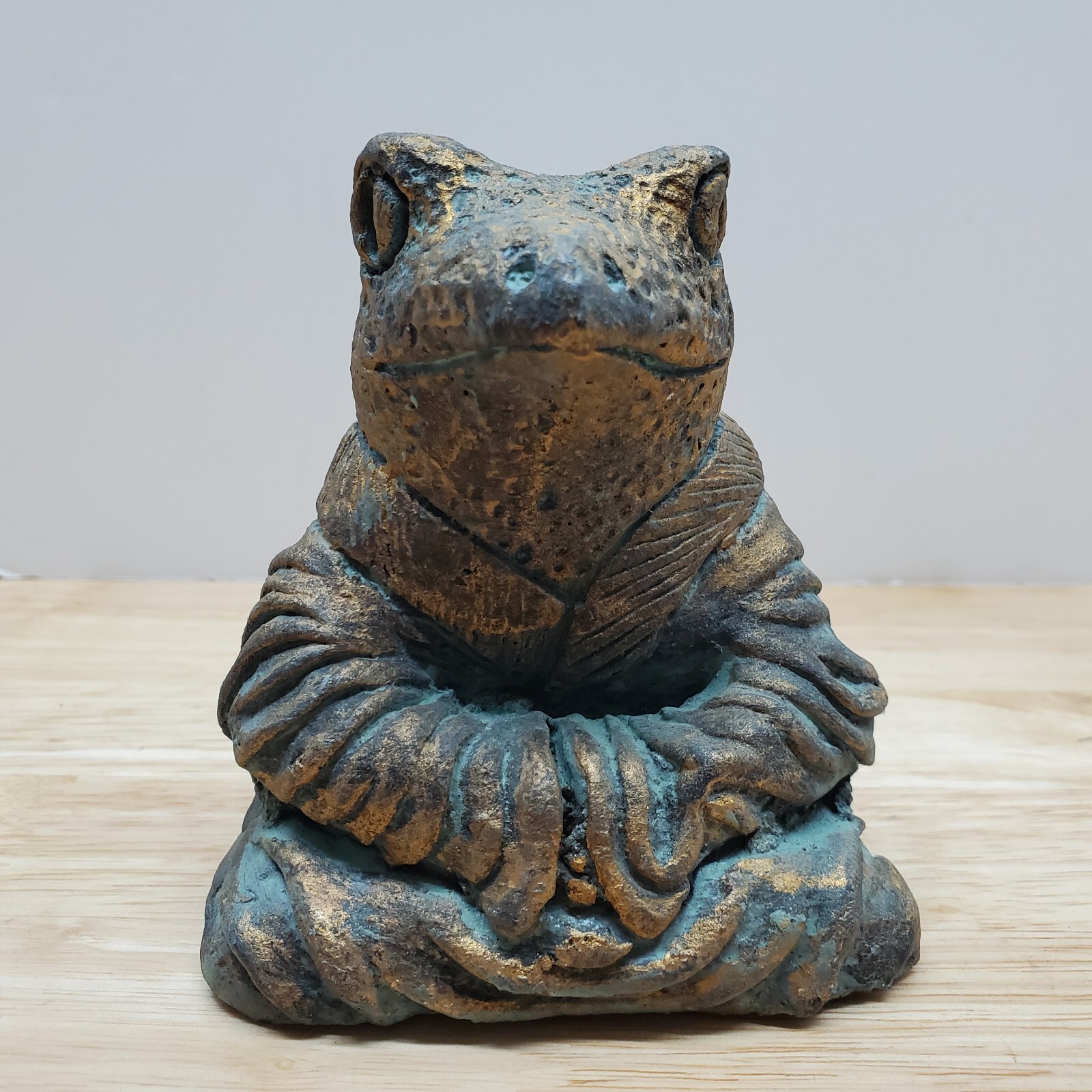 Vintage Frog Figurine, Sitting Buddha-like w Robe, Green & Gold Resin, Rare