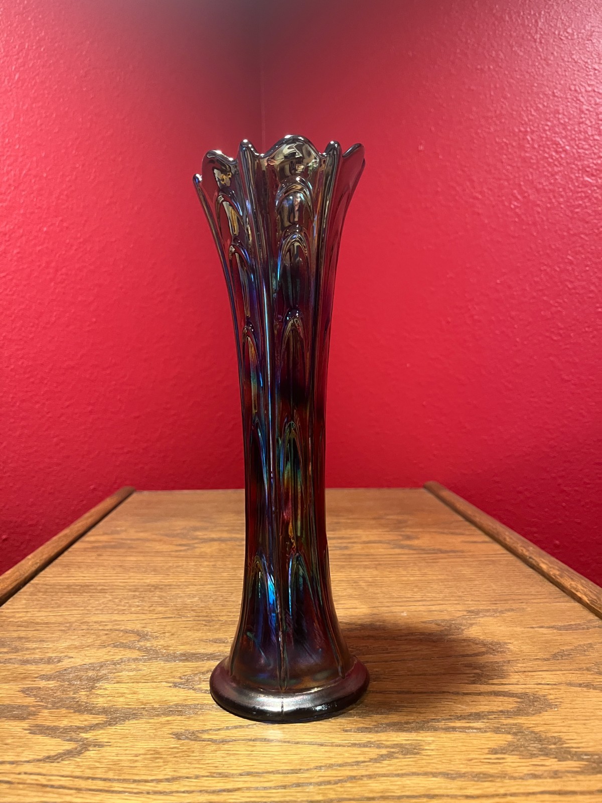 Dugan/Diamond Carnival Glass Blue Pulled Loop Vase; 11 3/4 inches tall; Pristine