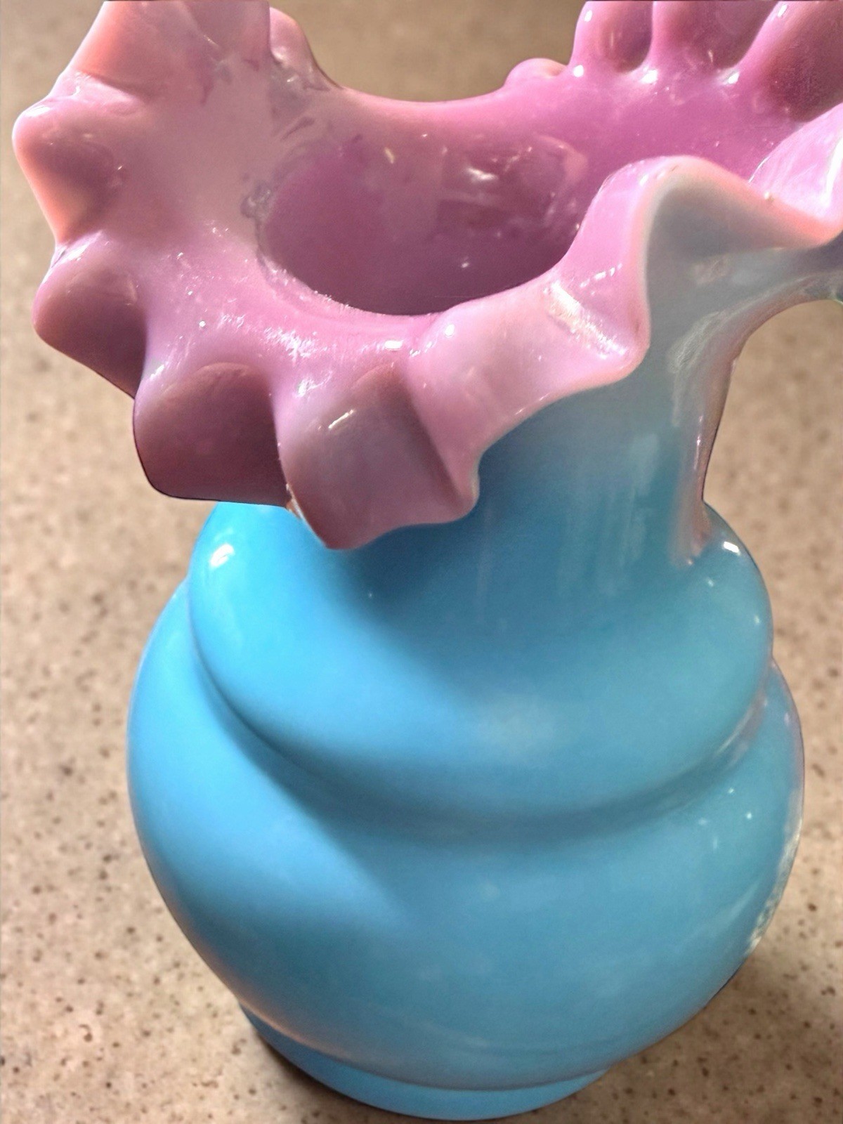 Antique Bohemian Lilac Turquoise Cased Ruffled Blown Glass Vase 5.25 x 3.75” EUC