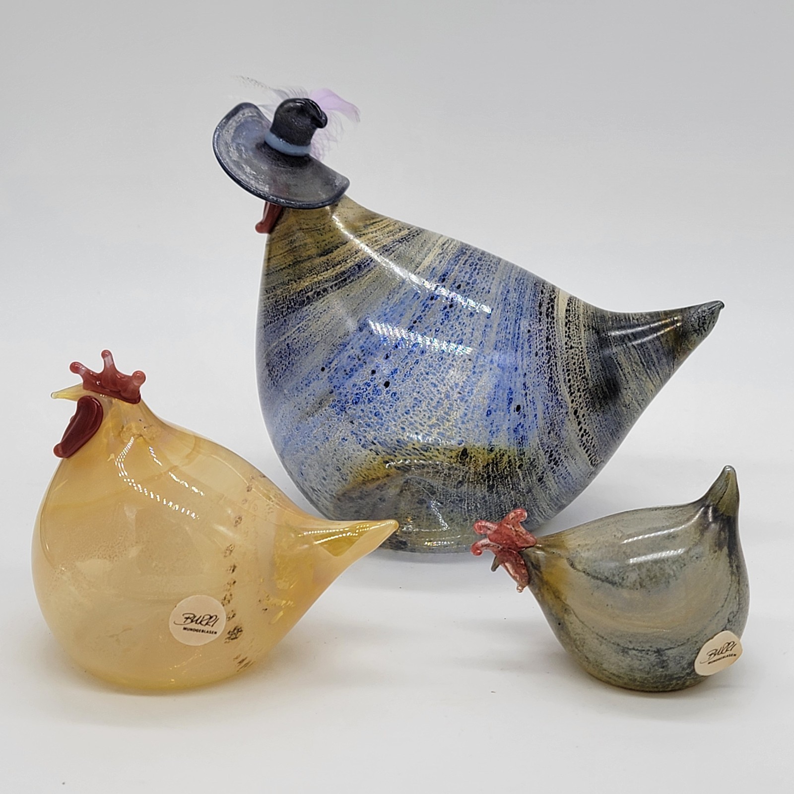 Rene Burri Mundgeblasen Blown Art Glass Chicken Figurines Lot Of 3