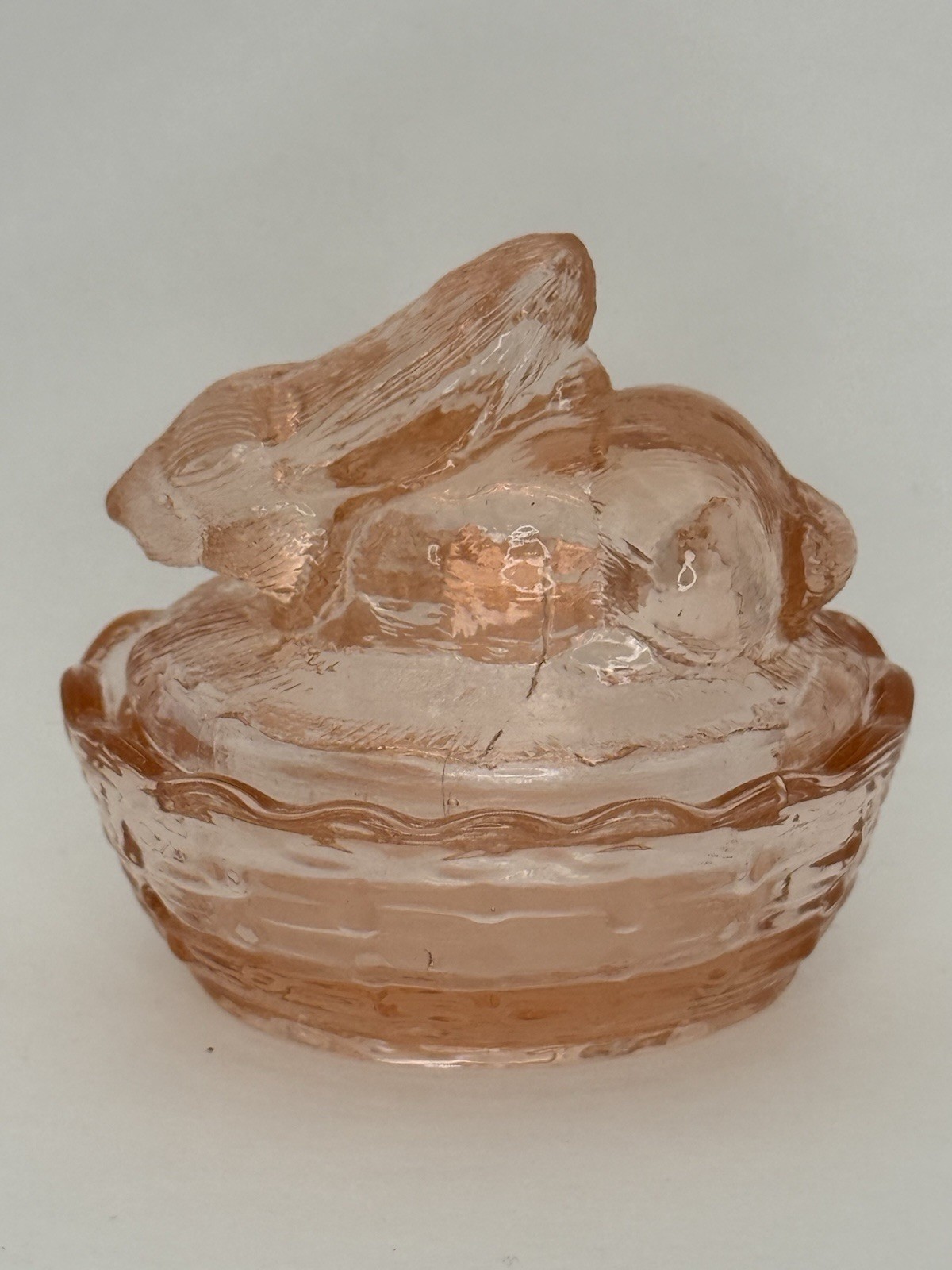 Vintage Bunny Rabbit On Nest Mini Pink Glass Trinket Dish Salt Cellar