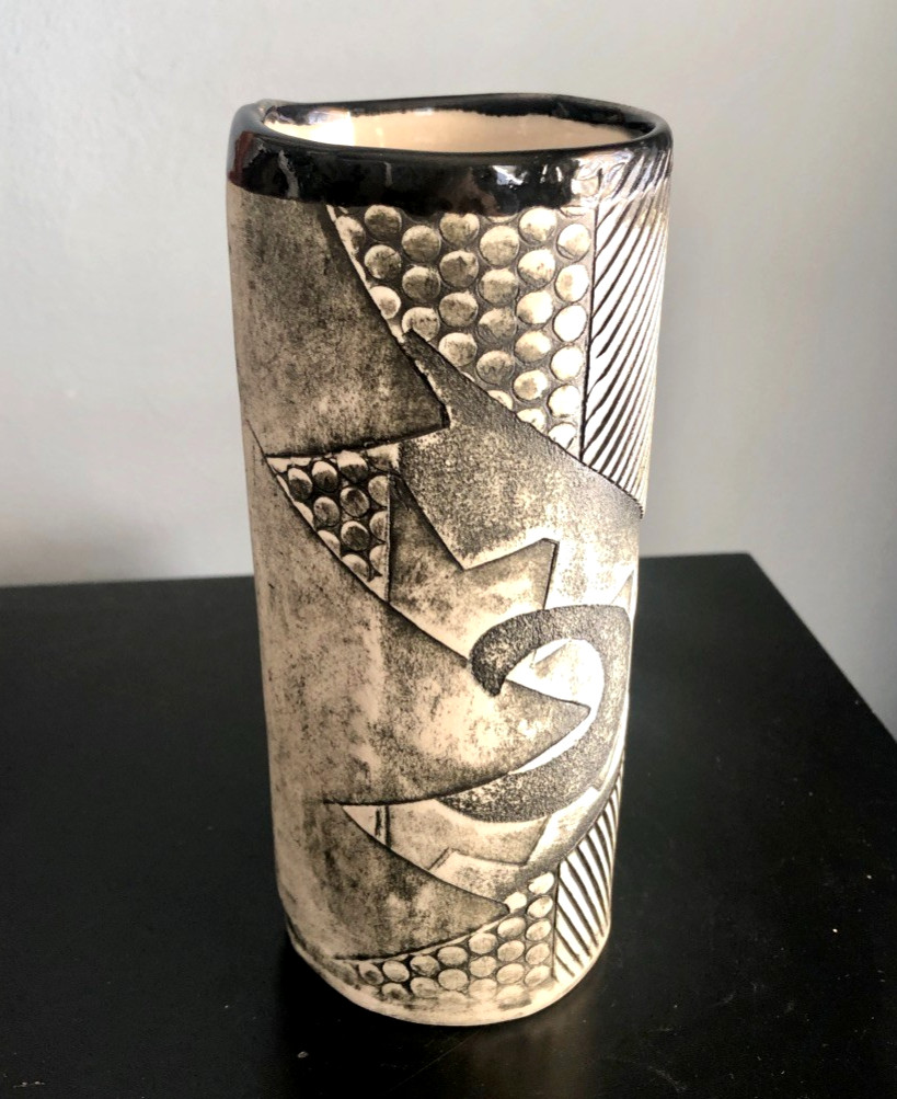 Post Modern ASH WORKS Porcelain VASE 6.5″ ~ High Fired Geometric Cylinder 1992