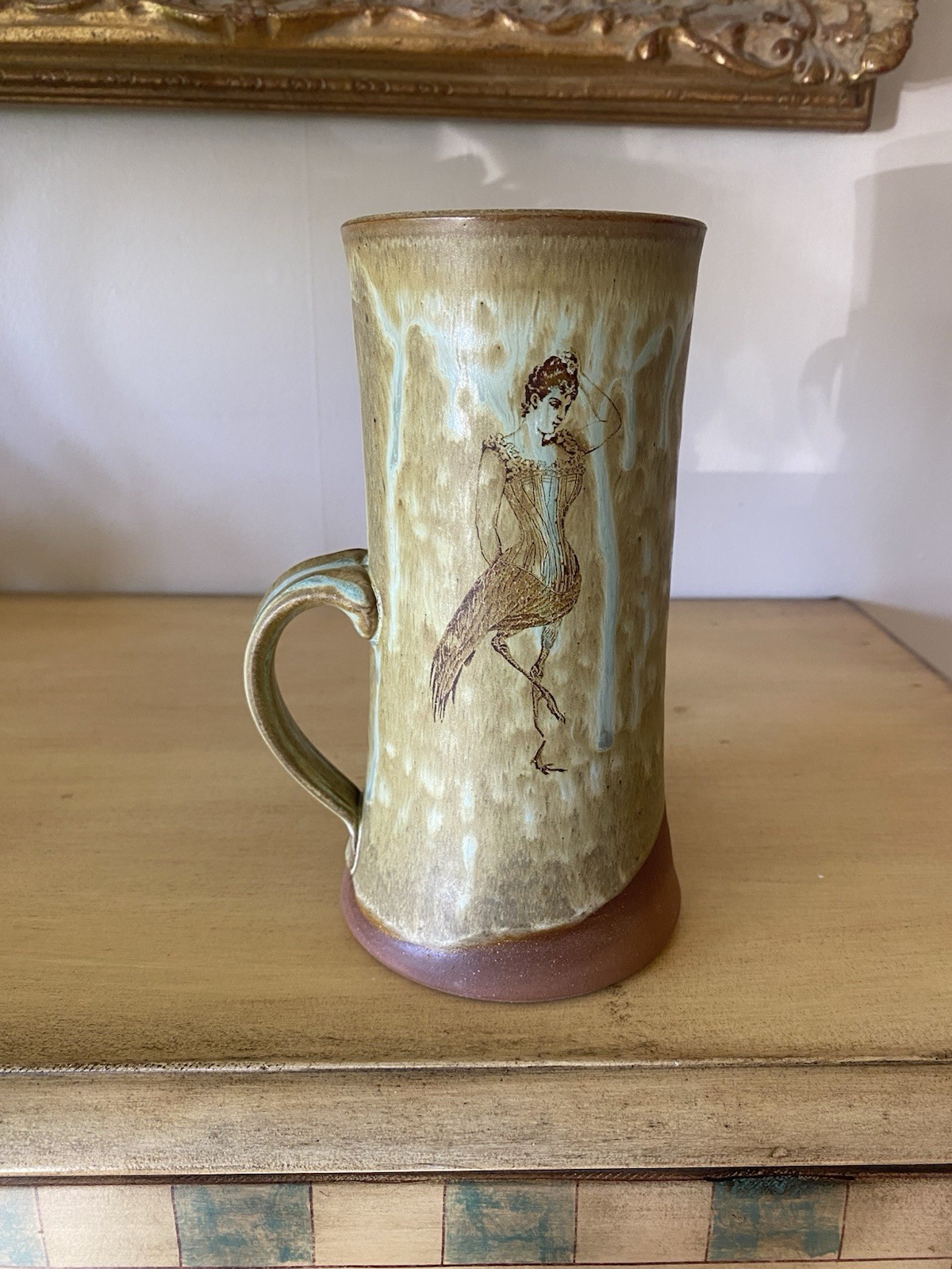 Handmade Pottery Tankard Whimsical Victorian Lady Bird Signed 7 5/8”H Artisan