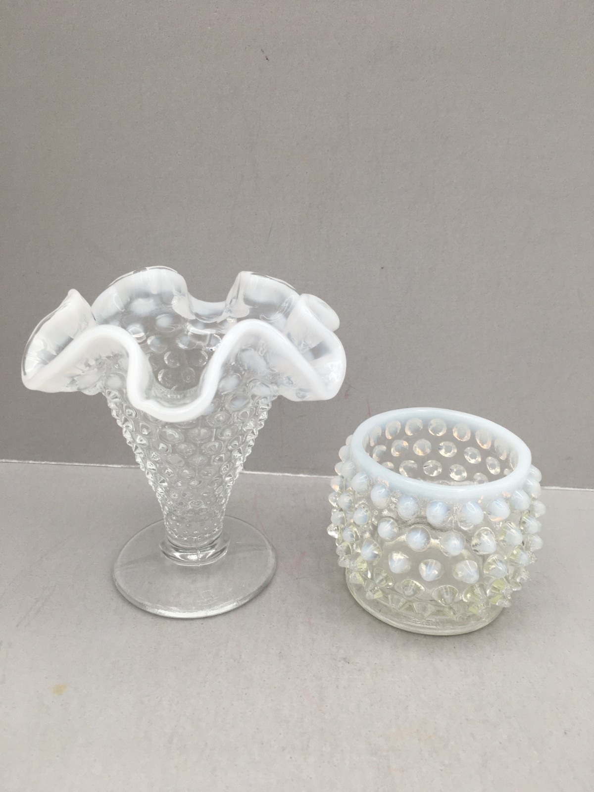 LOT OF 2 – Fenton 4″ hobnail opalescent vase & 2 1/8″ round multi-purpose bowl