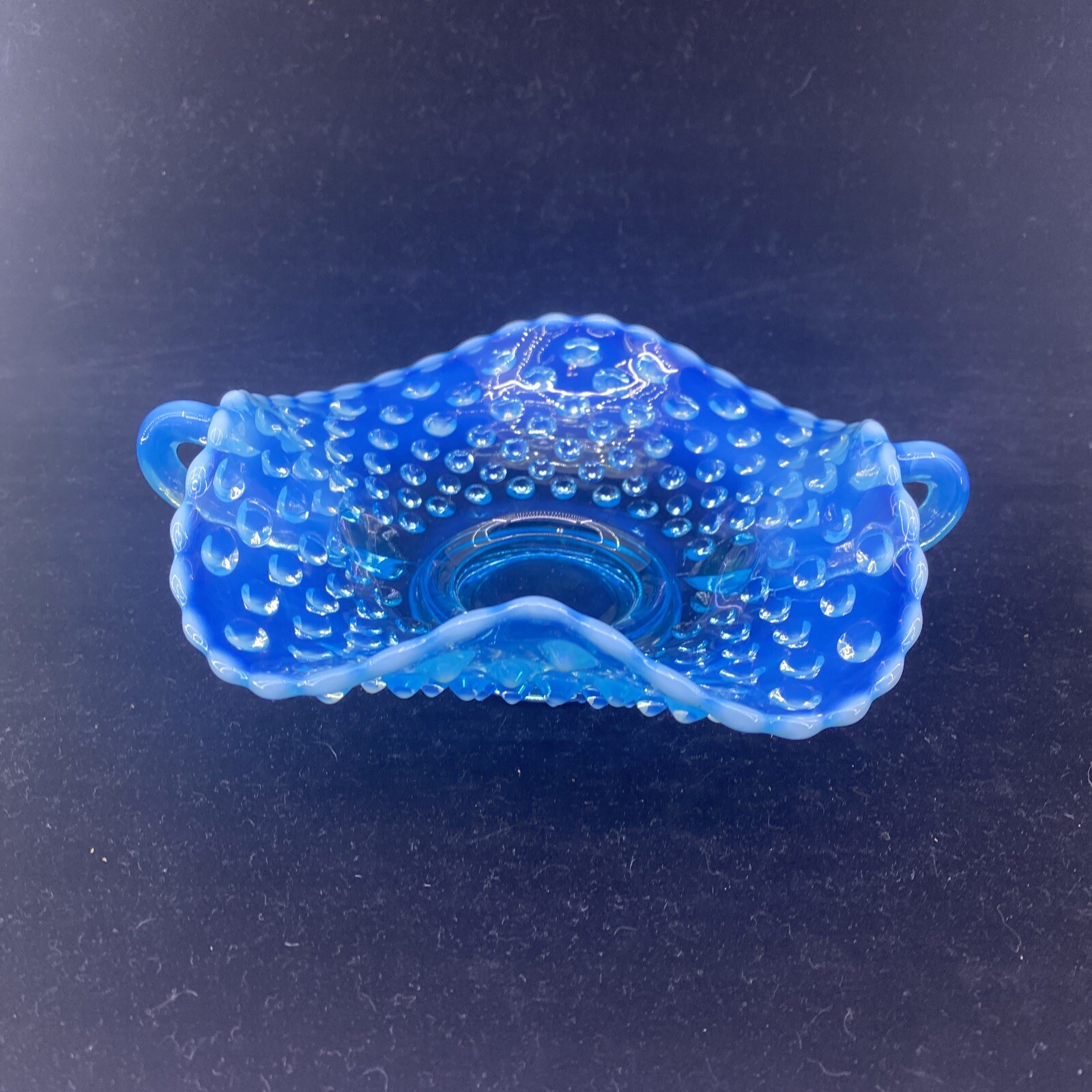Vintage Fenton Aqua Blue Opalescent Hobnail Handled Bon Bon Dish