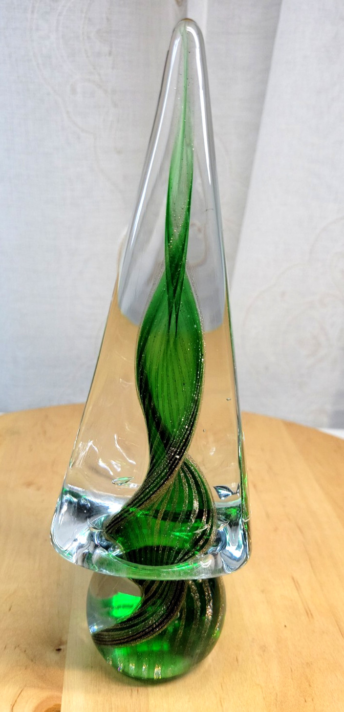 VTG Murano Art Glass Christmas Tree 8.75” Tall Green Gold Swirl Ribbon EUC