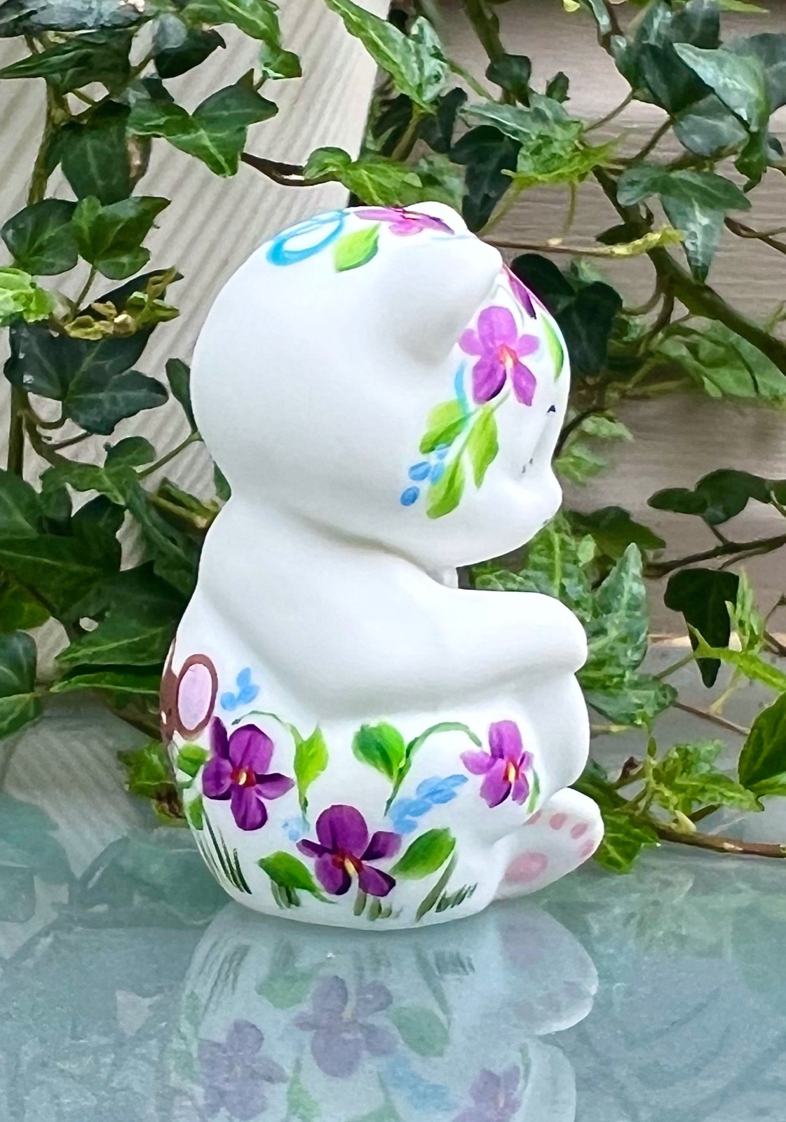 Exc OOAK Fenton/Mosser**VIOLETS ON SNOW” BEAR FIGURINE w/MOUSE** R Worstell 2025