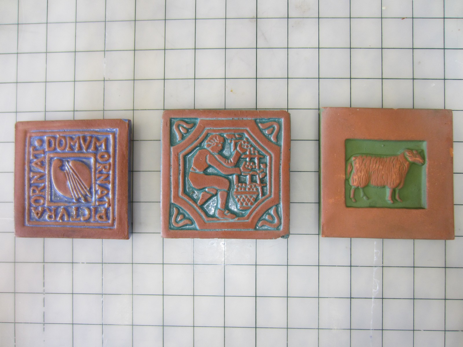Lot of 3 Moravian Tile Works 4 x 4″ Art Pottery PA, Sheep, Wine Grapes, Artist