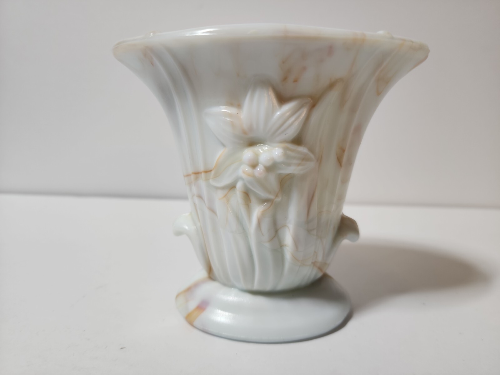 Vintage Akro Agate Orange/White Marbled Slag Glass Easter Lily Vase