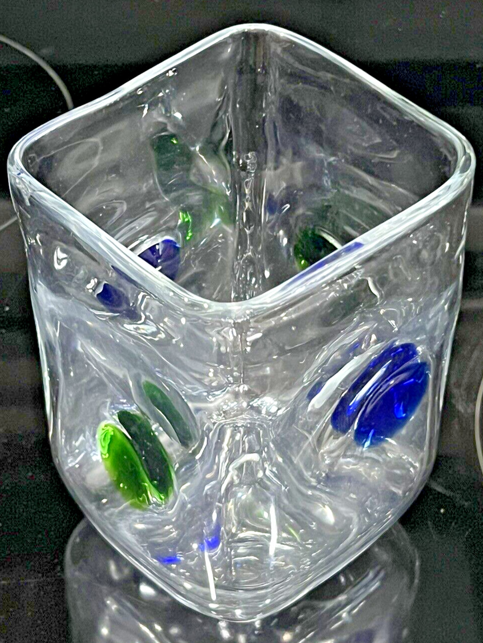 Vintage Mexican Hand Blown Vase Square Green Blue Orbs Portals Art Glass EX