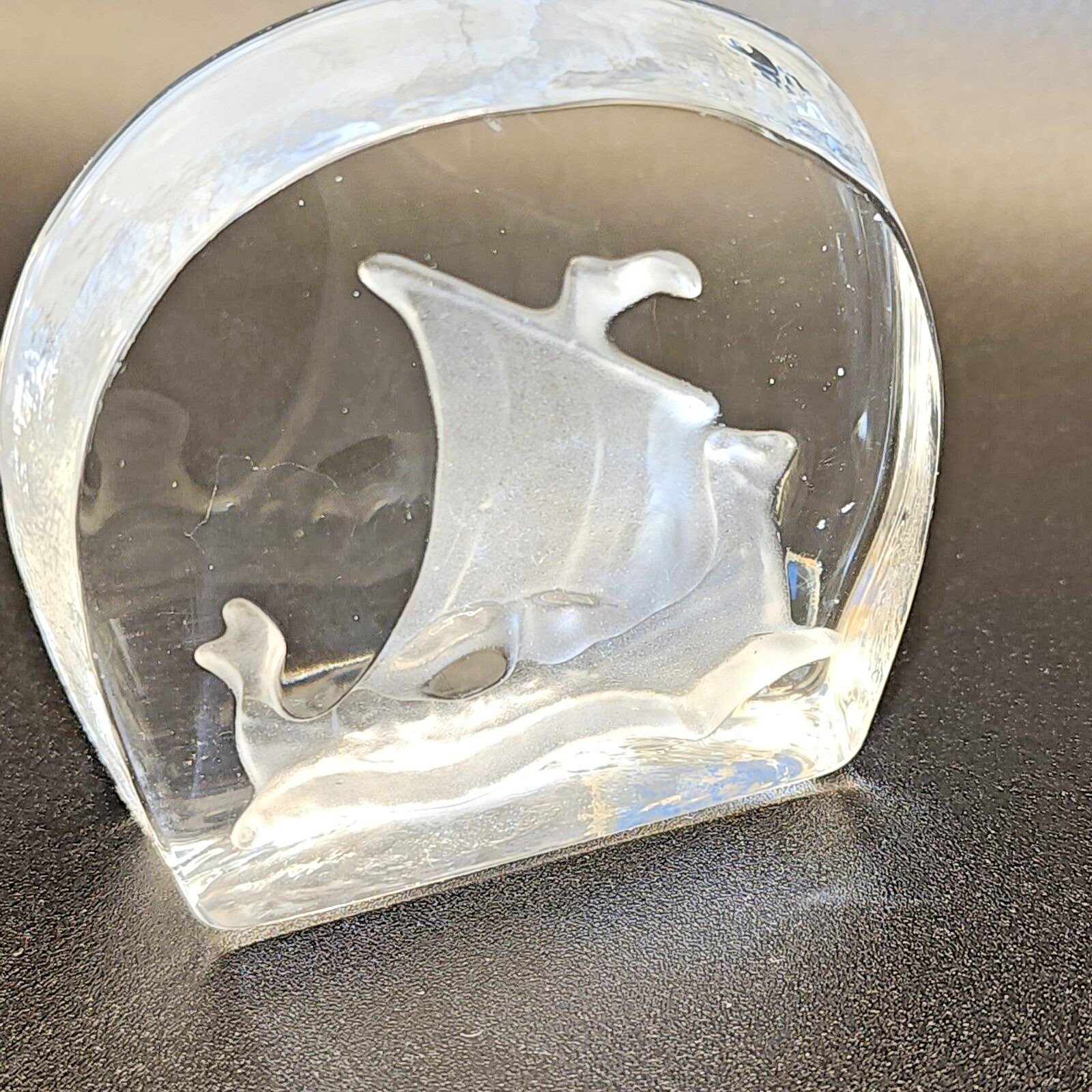 Crystal Ship Paperweight Scandinavian Glass Nybro Sweden Rune Strand Design