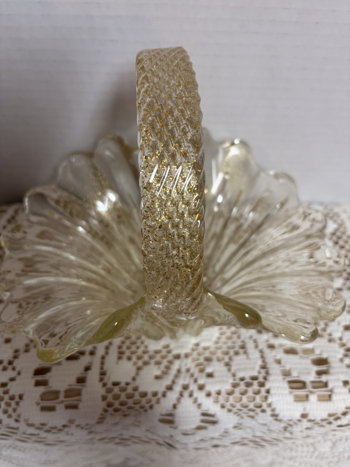 Vintage Murano Clear With Gold Flecks Italian Glass Basket With Twisted Handle