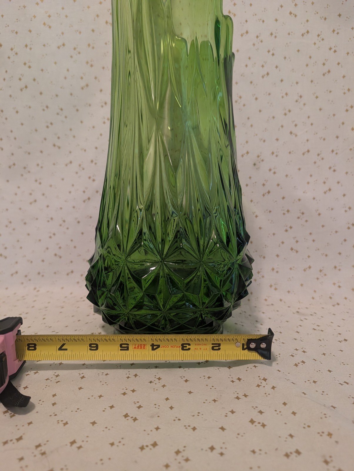L.E. Smith Diamond Butt Swung Vase Avocado Green 22” MCM Glass