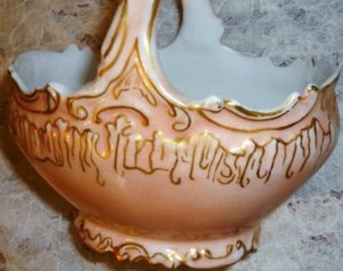 Antique Limoges Pink and Gold Fancy Handled Sugar Basket Green Stamp