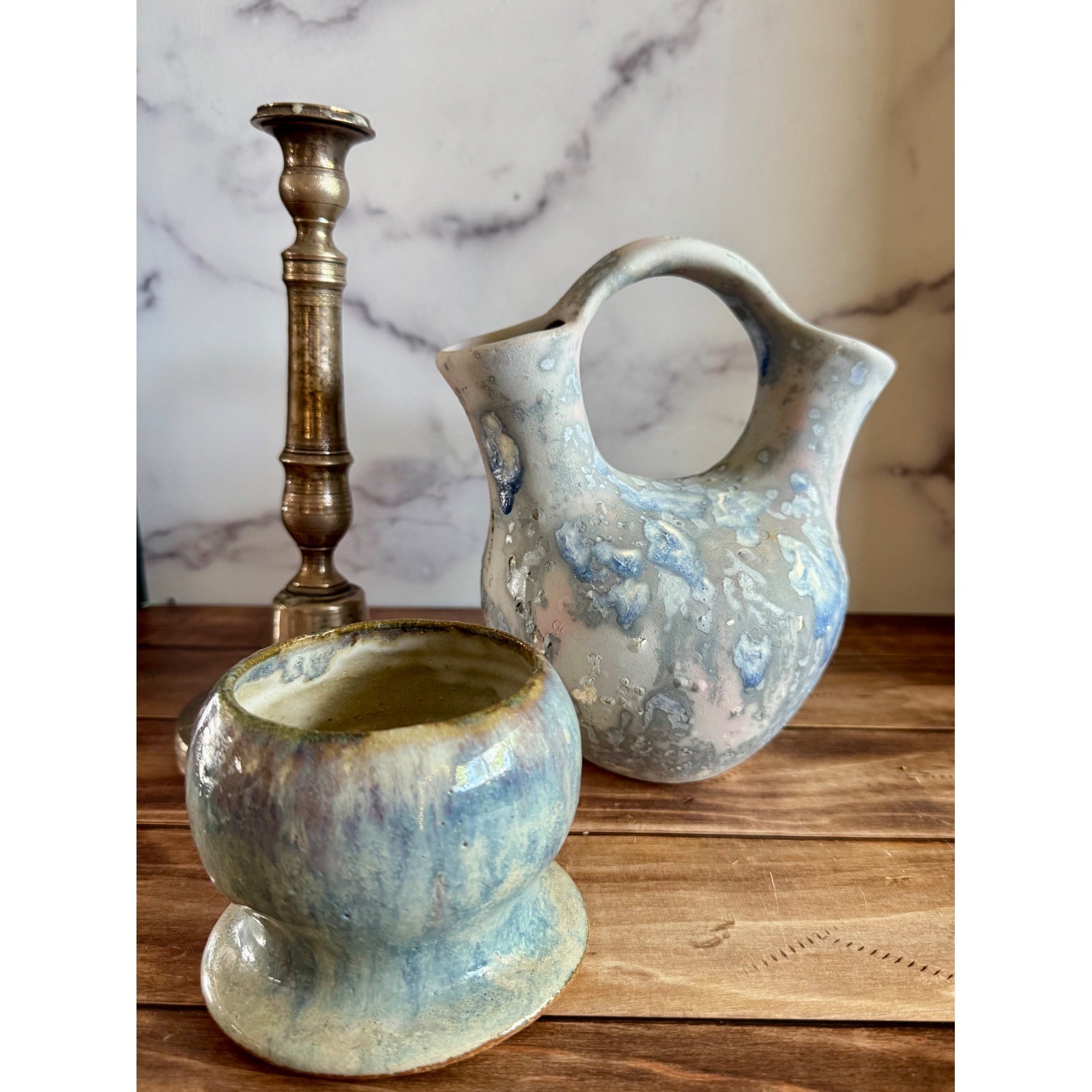 Nancy Brown Studio Pottery Wedding Vase 1989 Signed Double Spout Blue Pink Grey