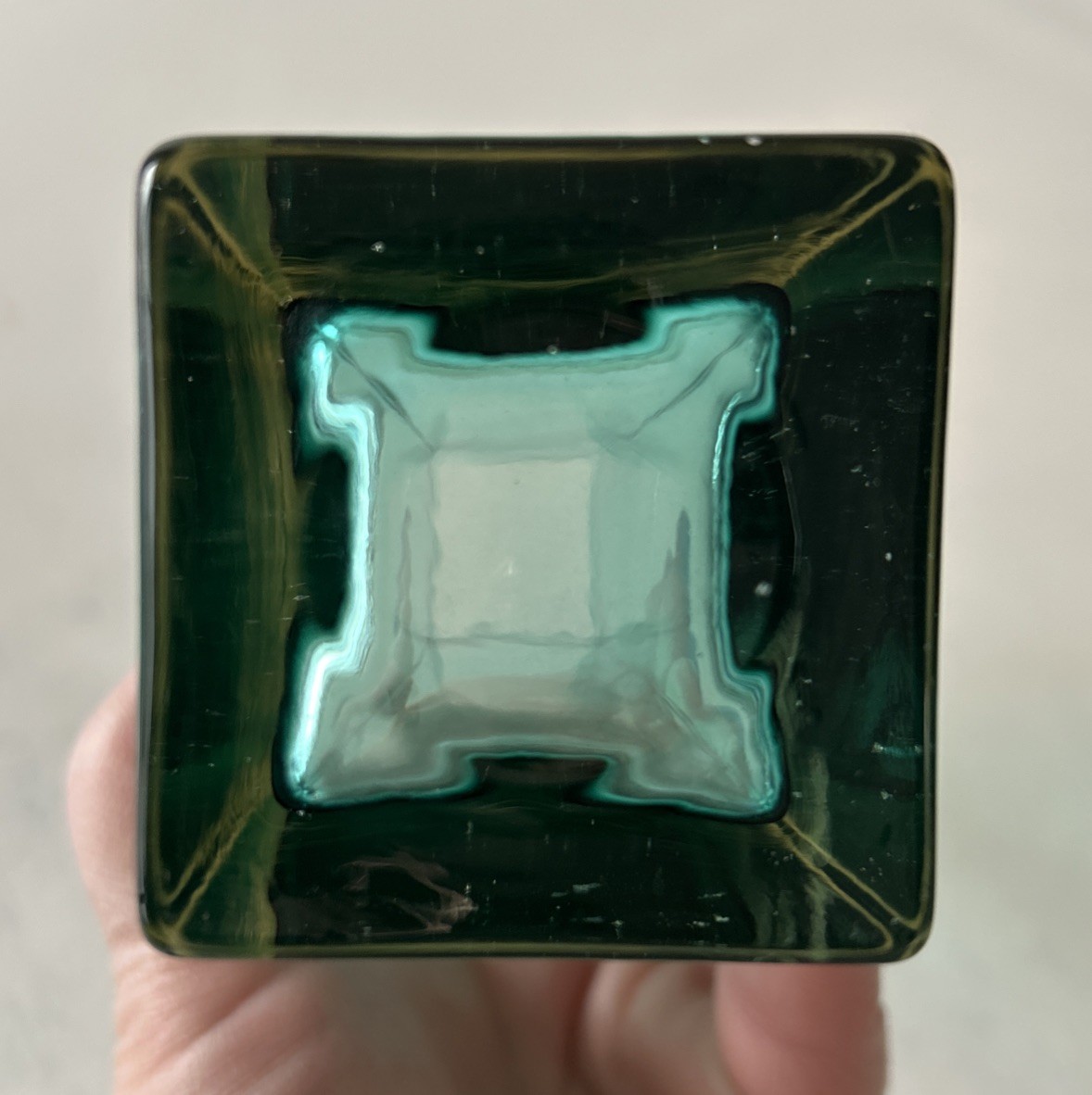 VTG Gunnar Ander Rectangular Teal Art Glass Vase Lindshammar Sweden 8.1”Hx2”D