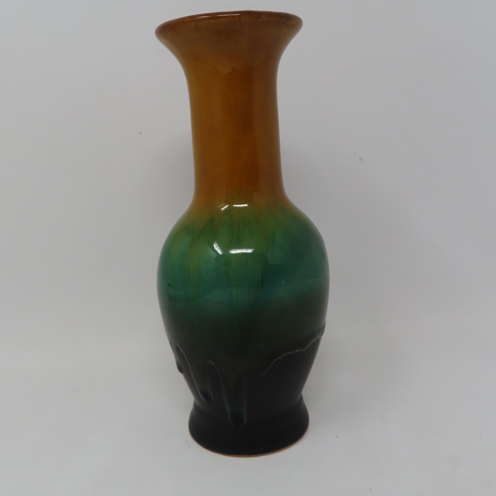 Vtg Drip Glaze Pottery Vase 7 1/4” Green Brown Mid Century Art Unmarked
