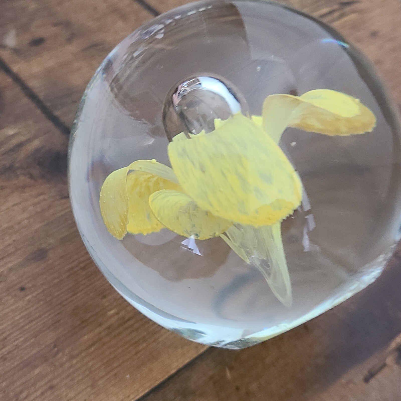 Vintage Art Glass Paperweight Daffodil Flower Yellow Spring Bubbles 2.5 inches