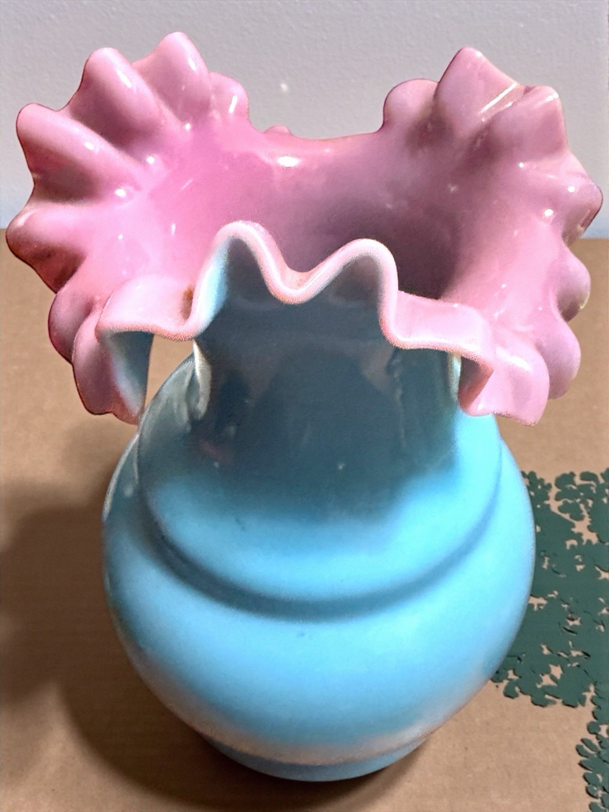 Antique Bohemian Lilac Turquoise Cased Ruffled Blown Glass Vase 5.25 x 3.75” EUC