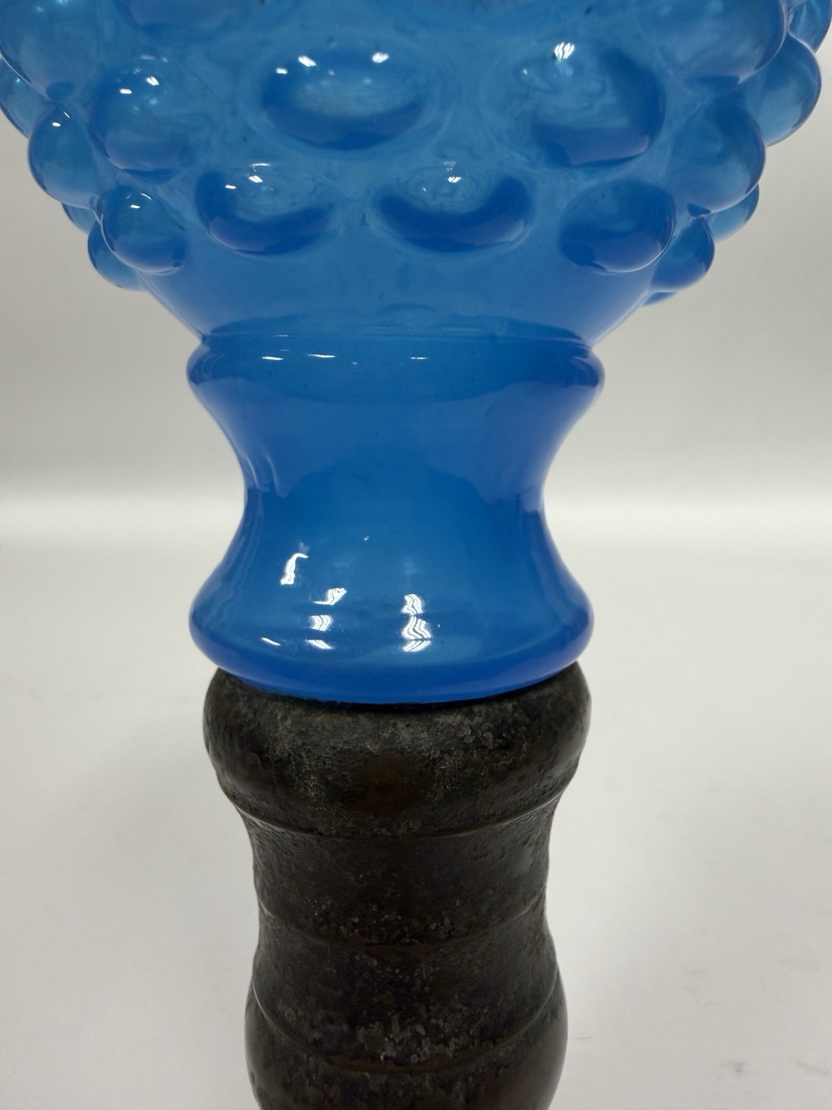 Pair Vintage Blue Opaline Hobnail Glass Bed Post Finials On Wood Bases 11” C30