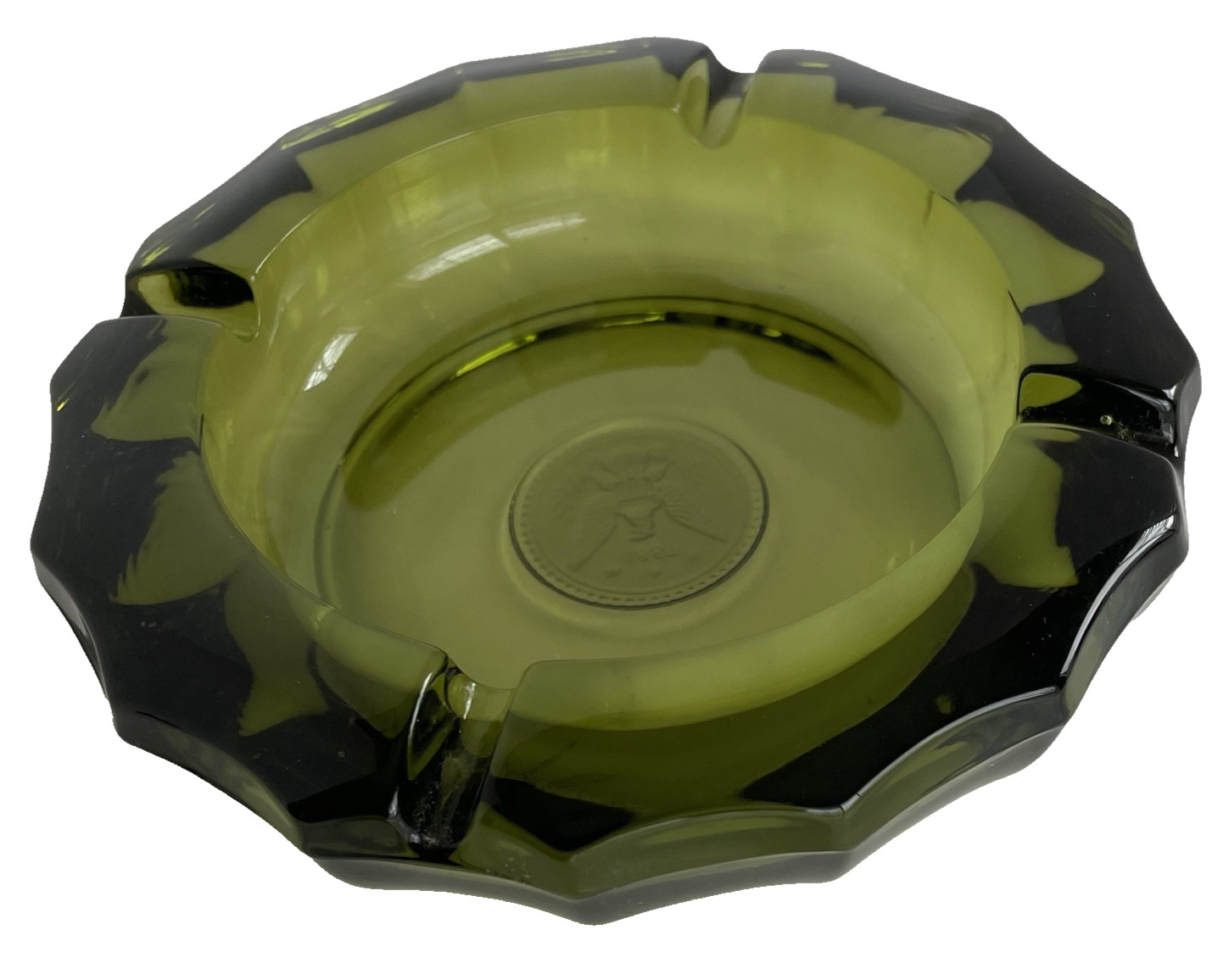 Fostoria Ashtray Green Glass 1887 Coin Eagle Emblem Thick Heavy 5.25″ Vintage