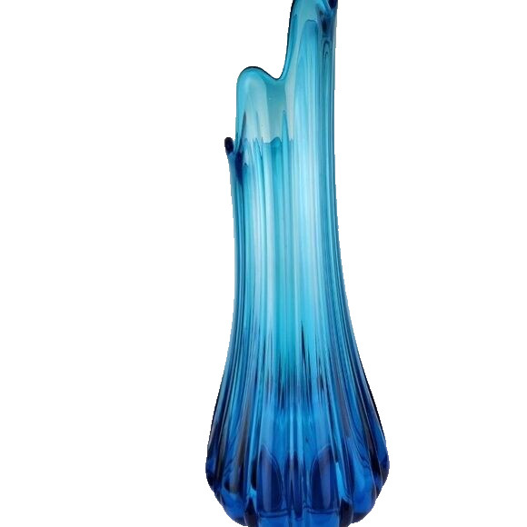 MCM LE Smith Peacock Blue Ribbed Swung Glass Vase Fat Bottom 18″
