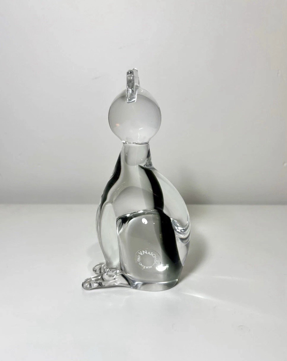 Murano Glass Cat Figurine/Paperweight Clear Black Sommerso Swirl V Nason MCM