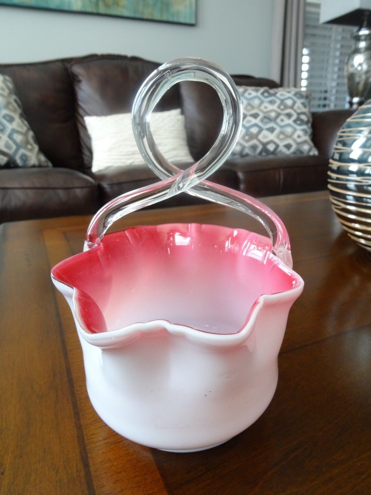 Antique C 1900 STOURBRIDGE Glass Cranberry Cased Twisted LOOP HANDLE BASKET