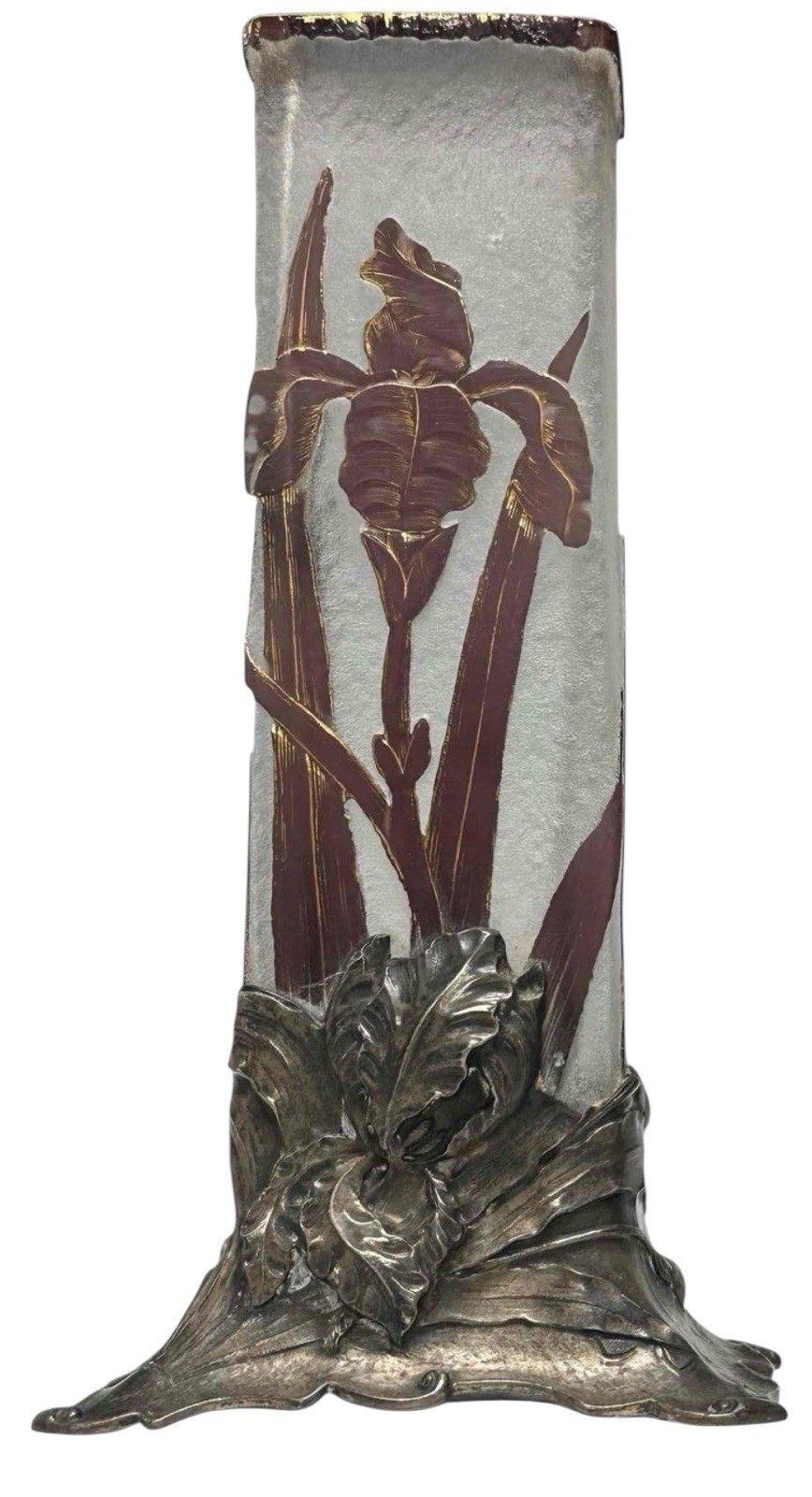 Authentic Pair Genuine Daum Nancy France Acid Etched Cameo Gilt Vases Signd Rare