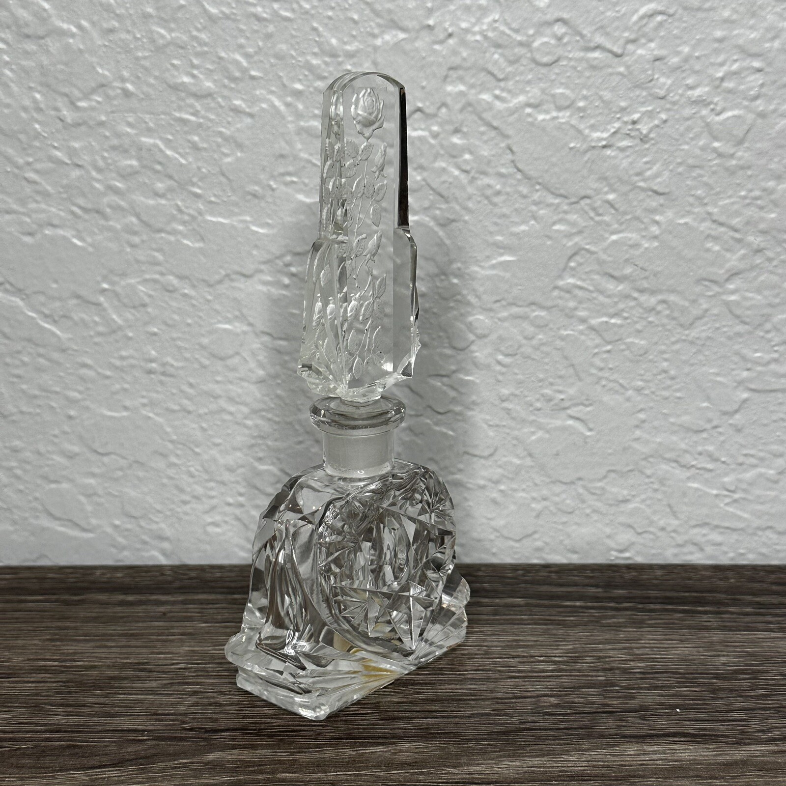 Art Deco Perfume Bottle Made In Czechoslovakia Glass Intaglio Rose Stopper