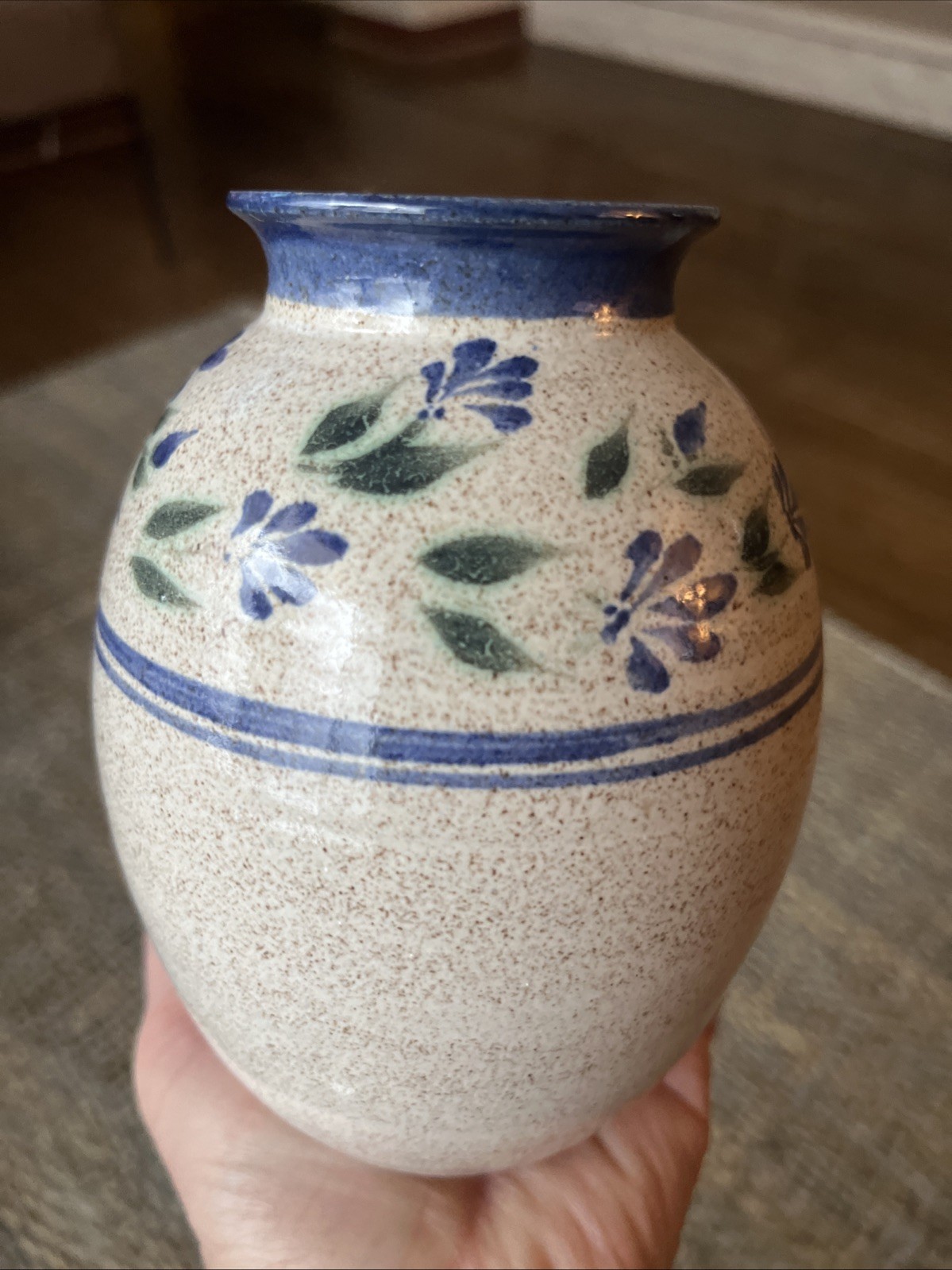 Signed Studio Art Pottery Small Vase Hand Painted Neutral Blue Grey Tones 6”hi