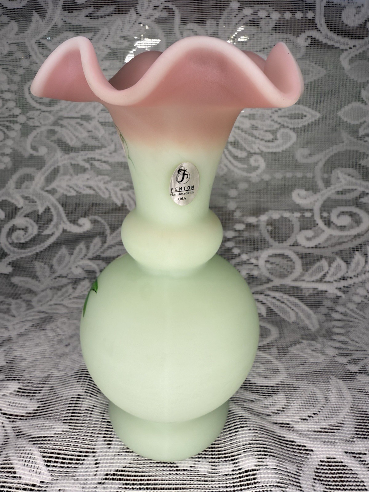 Fenton Lotus Mist Burmese Glass Hummingbird Vase Hand Painted Double Signed