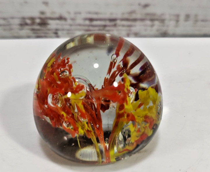Vintage 1970s Art Glass Paperweight Red, Orange, and Yellow Florals 2″ T 2.25″ W