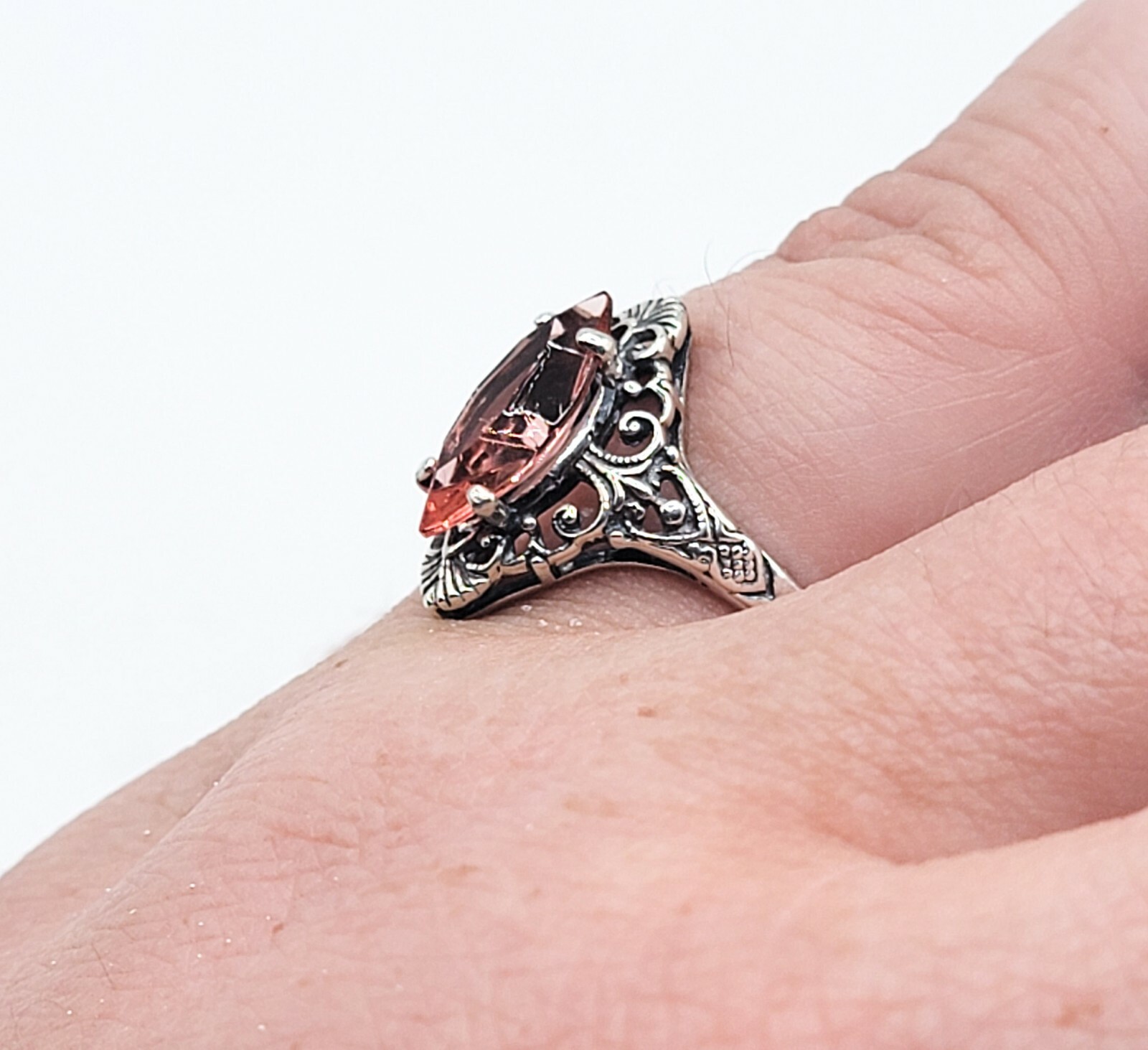 Sterling Pink Uranium Glass Ring Marquise Cut Filigree Oxidized 925 Silver
