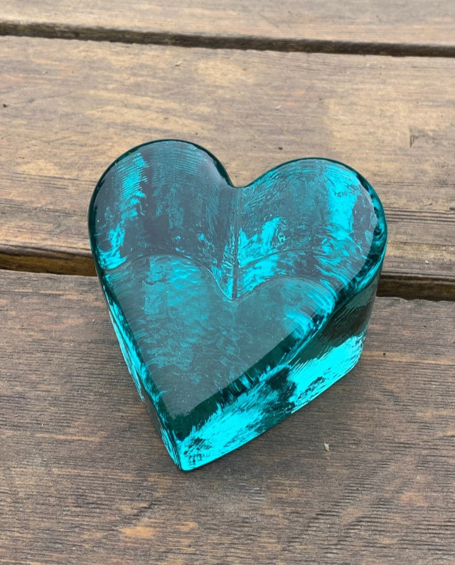 FIRE AND LIGHT Aqua Heart Paperweight Recycled Glass Art