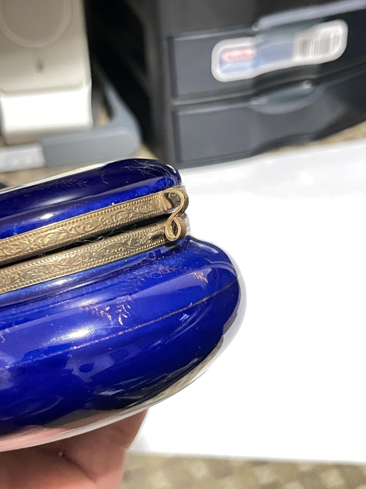 Vintage Cobalt Blue Porcelain Hinged Trinket Box Floral Victorian Scene Japan