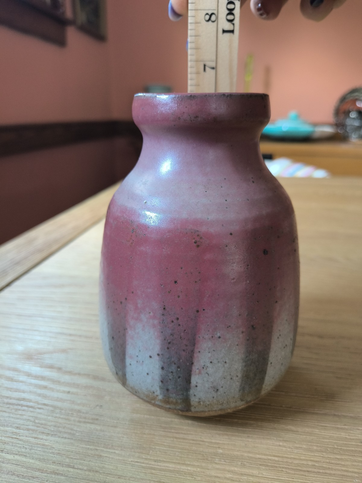 Vintage Studio Pottery Vase Signed Pink Grey Drip Stoneware Akron Ohio