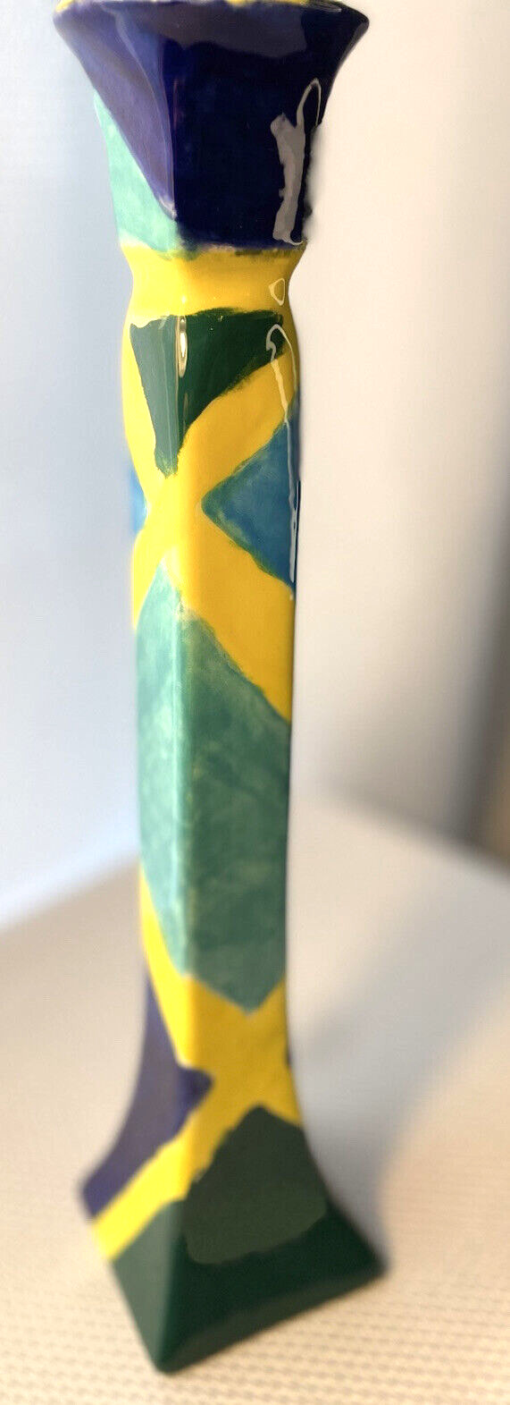 GK Blue, Yellow, Teal, Ceramic Candle Holder 11.5 inches tall