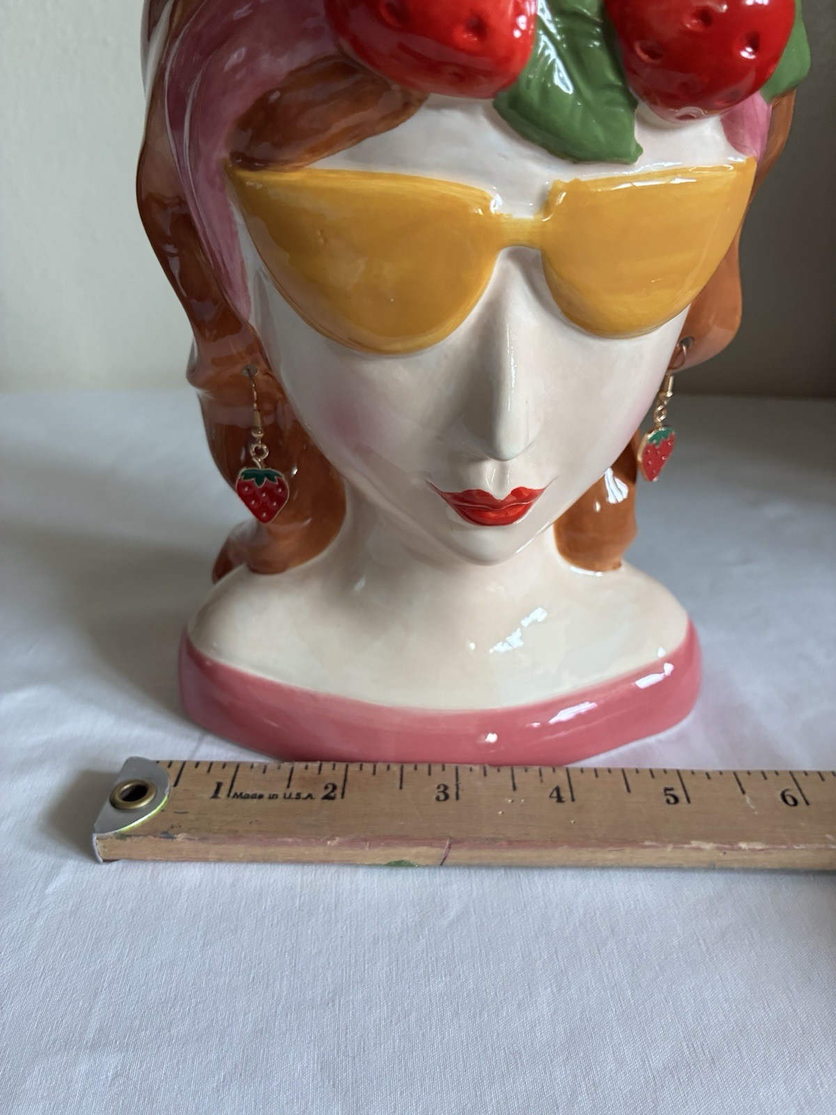 Strawberry Lady Head Ceramic Vase Planter with Yellow Sunglasses & Earrings