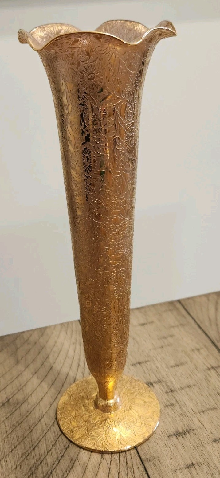 Fluted Glass Vase Glastonbury Lotus 22 Karat 10.25” Blown Glass Gold Encrusted