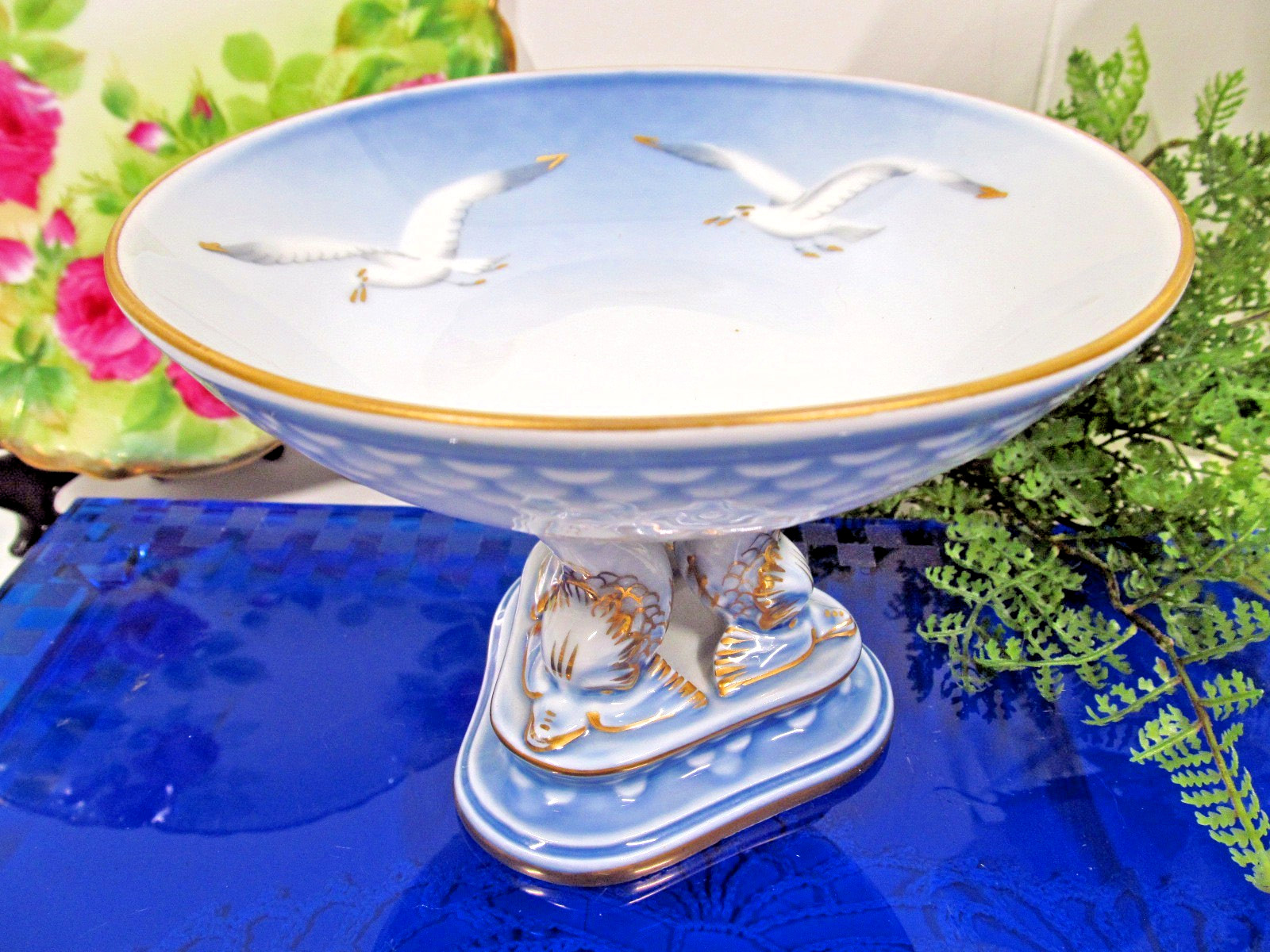 B & G Seagull Porcelain with gold on Dolphin Foot Compote Bowl Copenhagen # 66