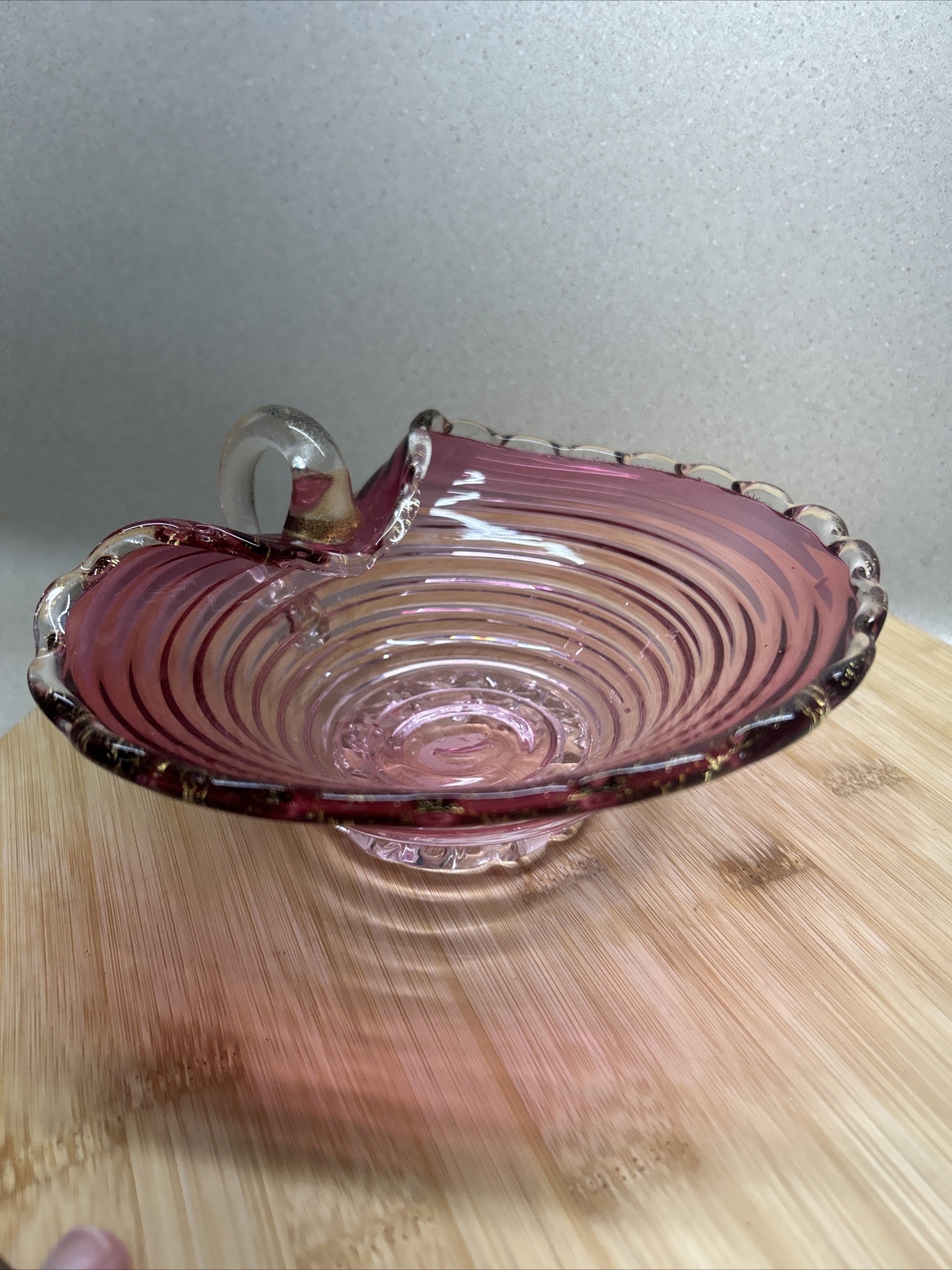 Vintage Murano Pink Swirl Ruffled Bowl With Clear Handle Italian Lovely Shape