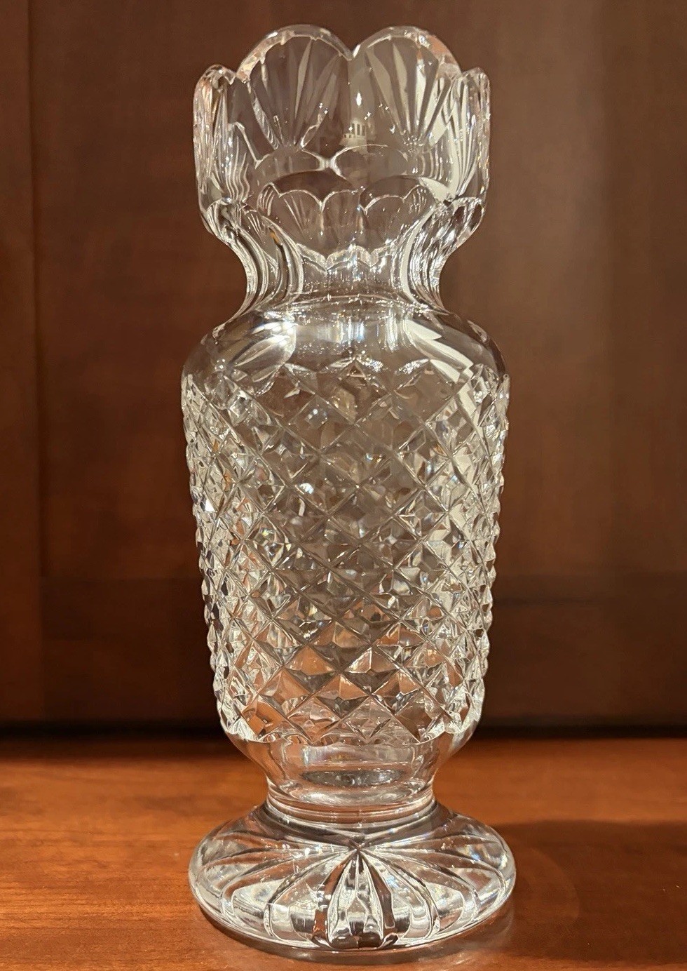 Vintage Waterford Crystal 8.5” Stamped Vase Criss Cross w Scalloped Edge Heavy