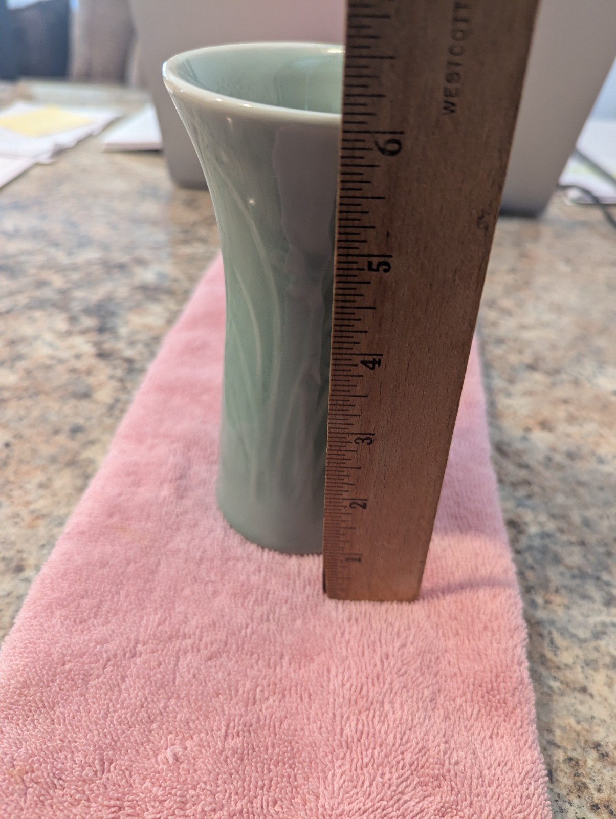 Vintage Ceramic Celadon Vase With Long Leaves Pattern, 6 Inches